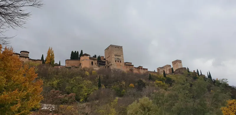 La Alhambra sobre la colina entre árboles de otoño bajo un cielo nublado